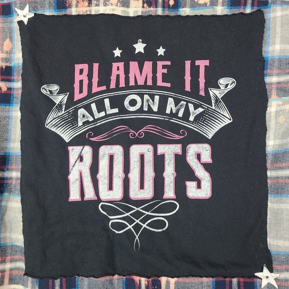Upcycled OOAK Flannel Blue Plaid Bleached Country Western Cowgirl Rodeo Size L - Picture 7 of 11